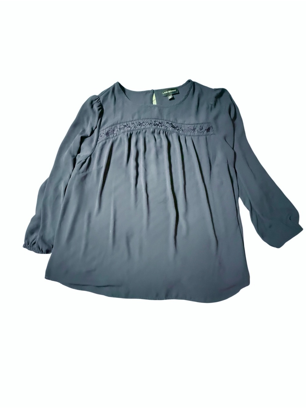 Lane Bryant Blouse 22/24 Plus Navy Blue Lace Yoke Pintuck Long Sleeve Top
